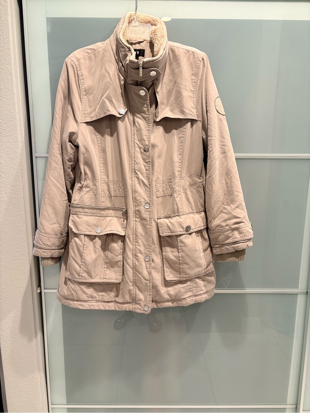DKNY Beige Utility Jacket with Sherpa Collar